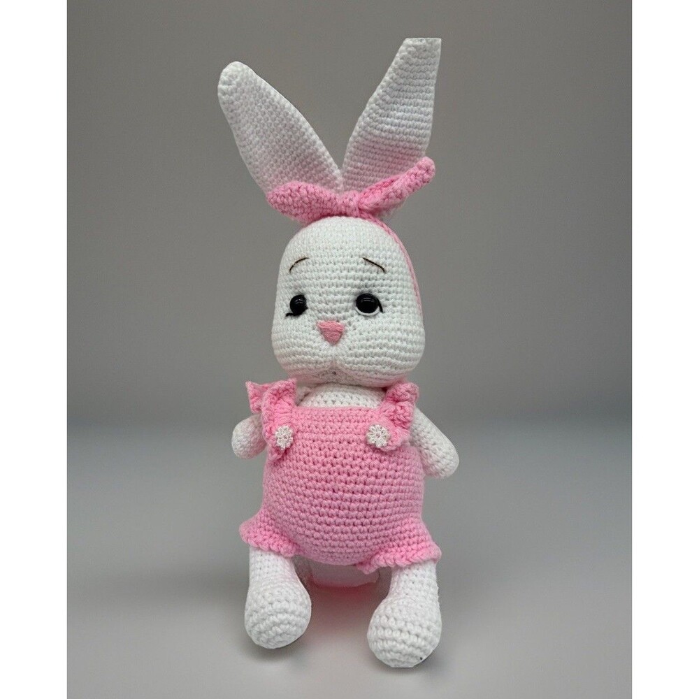 Adorable Crocheted Bunny In A Pink Romper Handmade 9” White Rabbit Stuffed Toy
